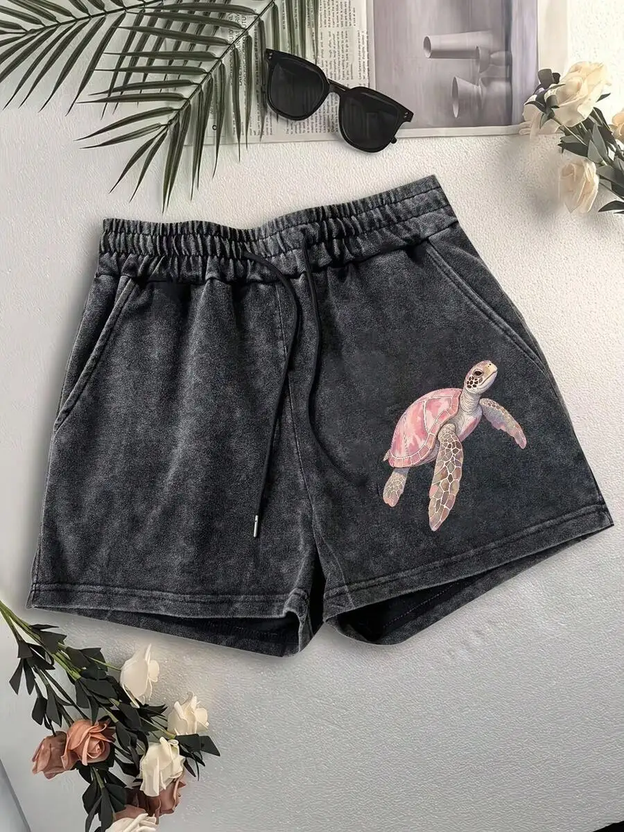 

Acid Washed Cotton Shorts With Elastic Waist And Drawstring Casual Beach Style