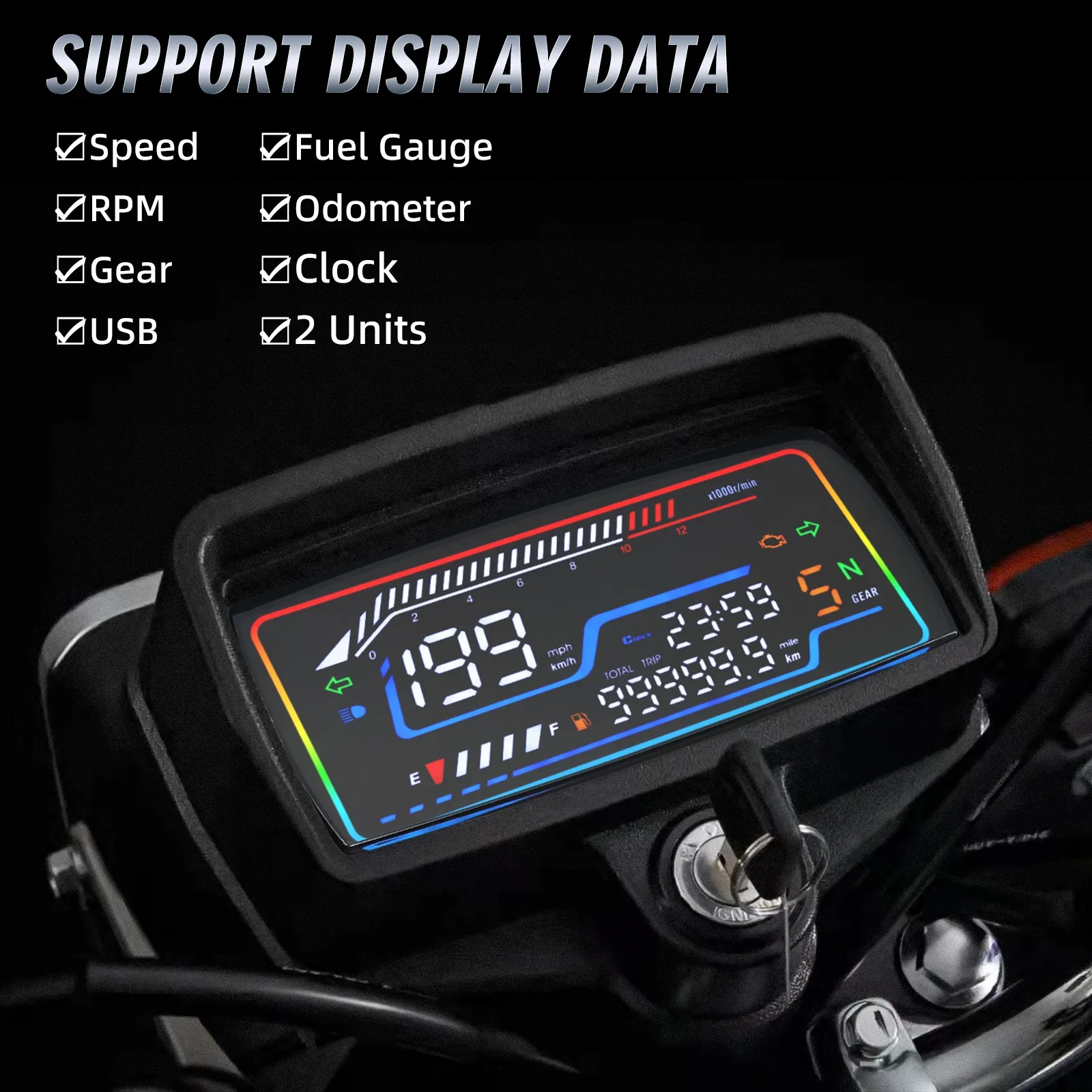 Digital Display Motorcycle Speedometer Odometer Tachometer RPM Fuel Meter Clock Gauge With USB Charging For Honda CG125 CG150