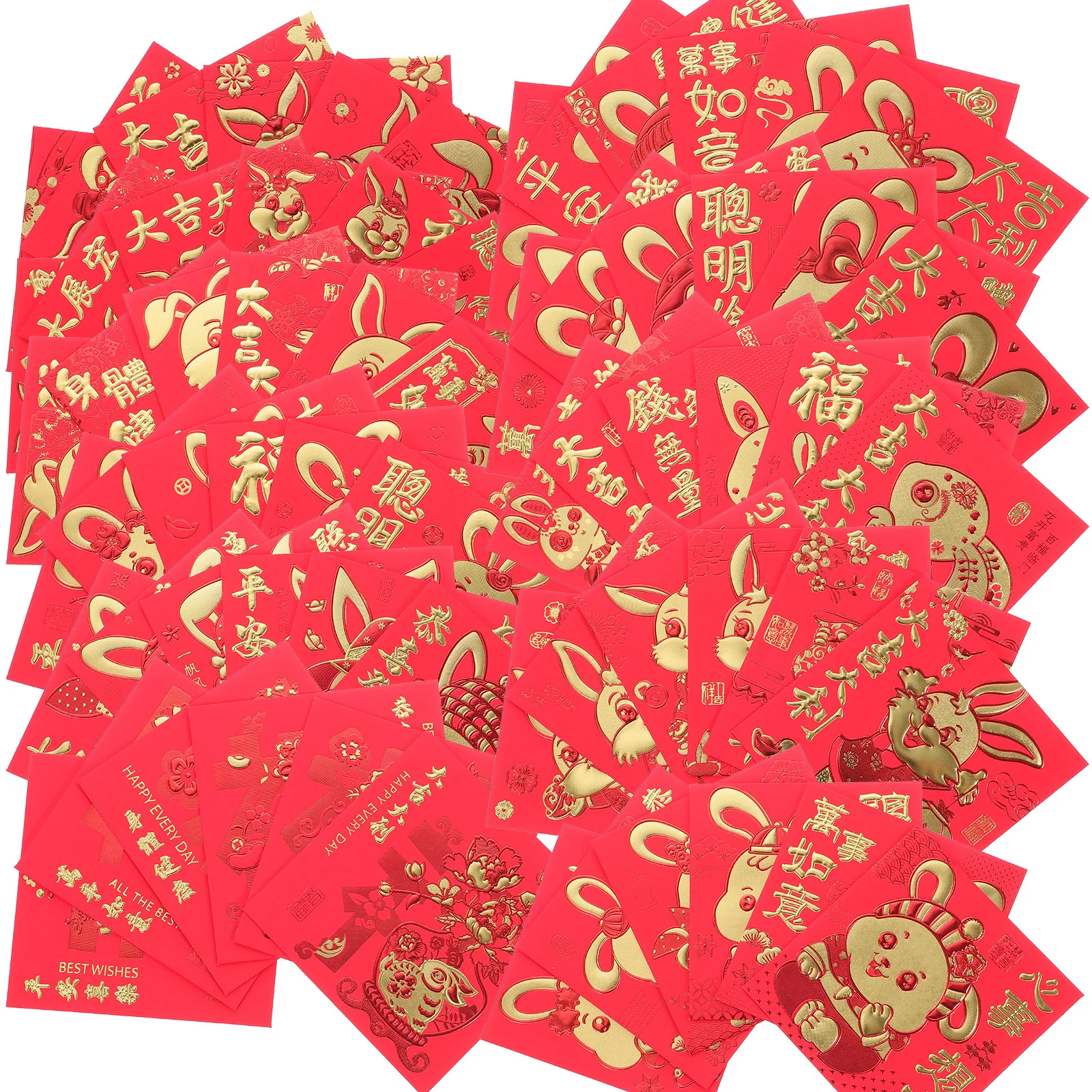 66Pcs Year of The Rabbit Red Envelopes Bright Cartoon Pattern Folding Money Bags Festive Lunar New Year Cash Packets Decorative