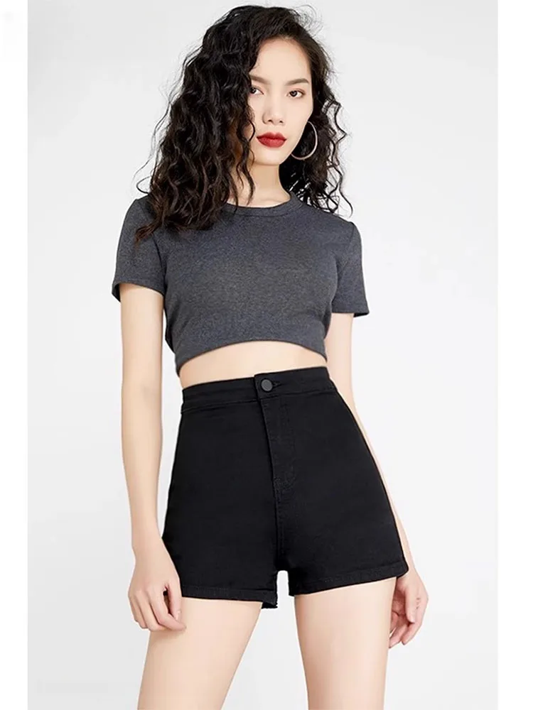 

Black Denim Shorts Women's Tight High Waist Spring New Korean Style A-Line Elastic Slimming Hot Pants Casual Wear Vintage Wash