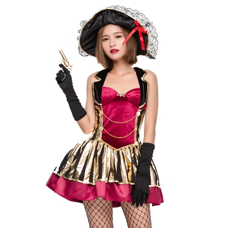 

Halloween Purim Party Pirate Costume Red Gold Noble Pirates Queen Costumes Movie Game Cosplay Fancy Dress