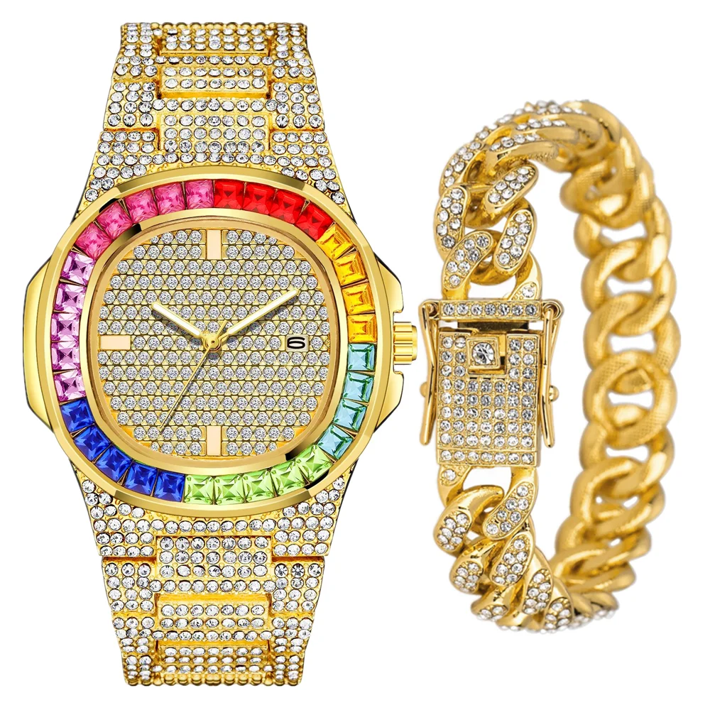 

Watch with Cuban Bracelet for Men Women Top Brand Luxury Bling Calendar Iced Out Gold Watch High Quality Wrist Watch Mens Set