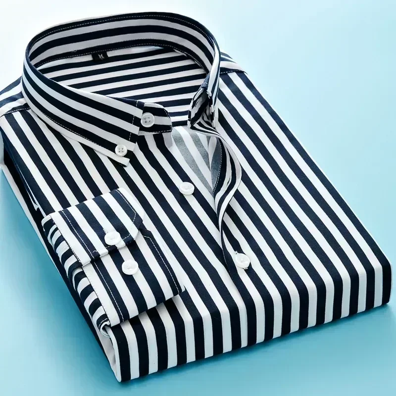 Camisas de botão elegantes camisas masculinas verificar camisa de alta qualidade uma moda de luxo roupas masculinas padrão listra mangas compridas homem