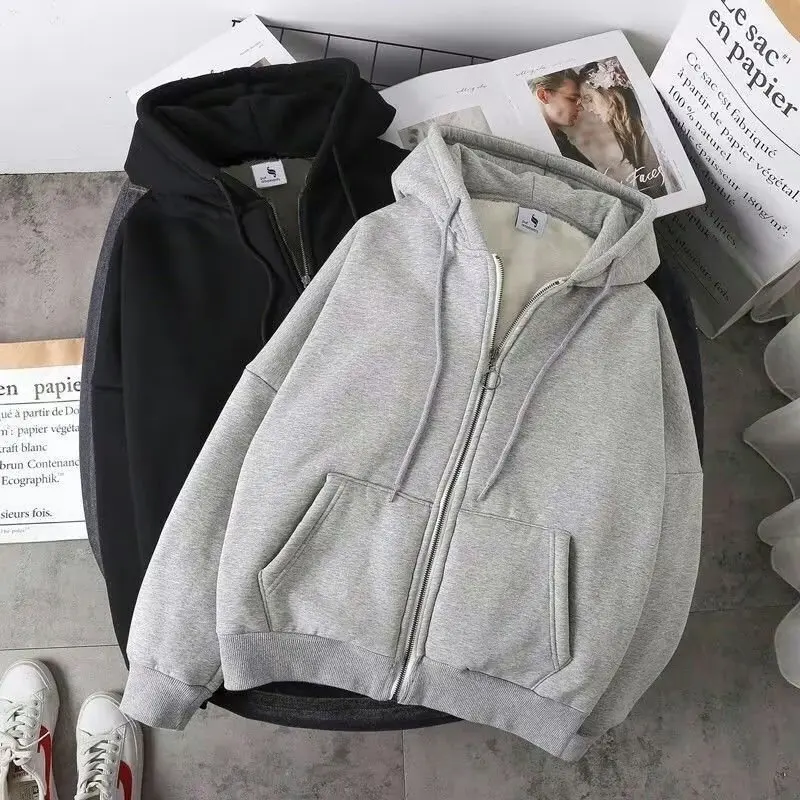 Harajuku Fleece Thickened Hoodie Men Zip Up Warm Jacket Casual Loose Fit Sweatshirt Autumn Winter Streetwear Fashion Outfit New
