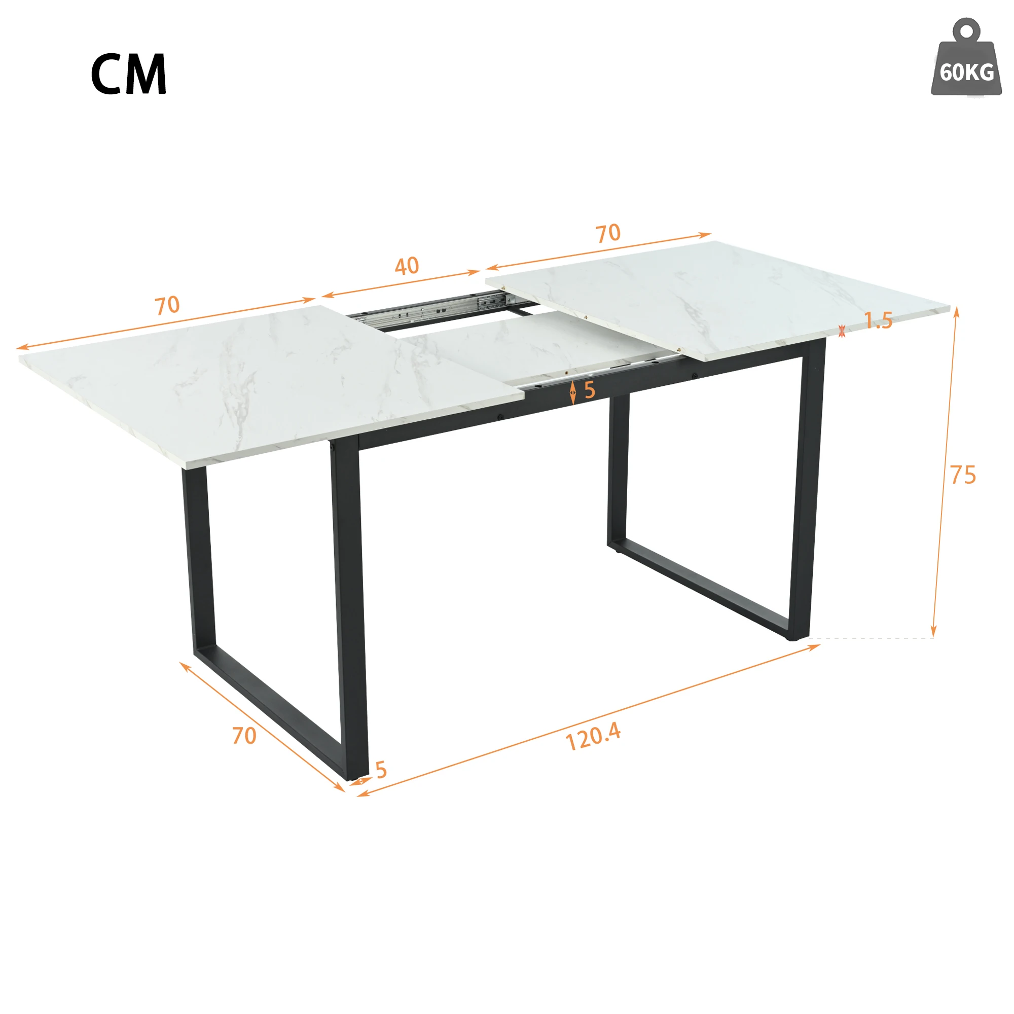 Telescopische eettafel, 140/180x80x75cm, ijzeren metalen poten en vierkante buispoten (modern wit MDF tafelblad met marmerpatroon)