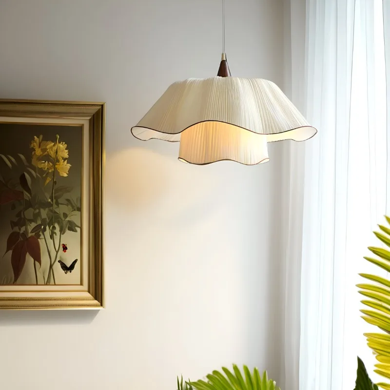 French Double-layer White Pleated Fabric LED Pendant Light Wooden Hanging Lamp Living Room Bedroom Restaurant Kitchen Chandelier