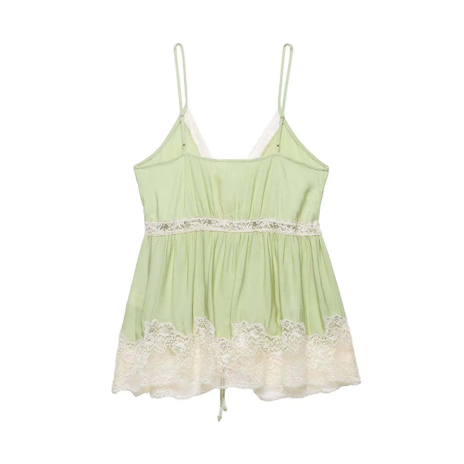 HH Damen Sommer Elegantes Spitzenbesetztes Cami-Top, Grünes Satin V-Ausschnitt Babydoll-Trägertop, Y2K Süßes Lässiges Urlaubs- und Ausgeh-Top – Detail 3