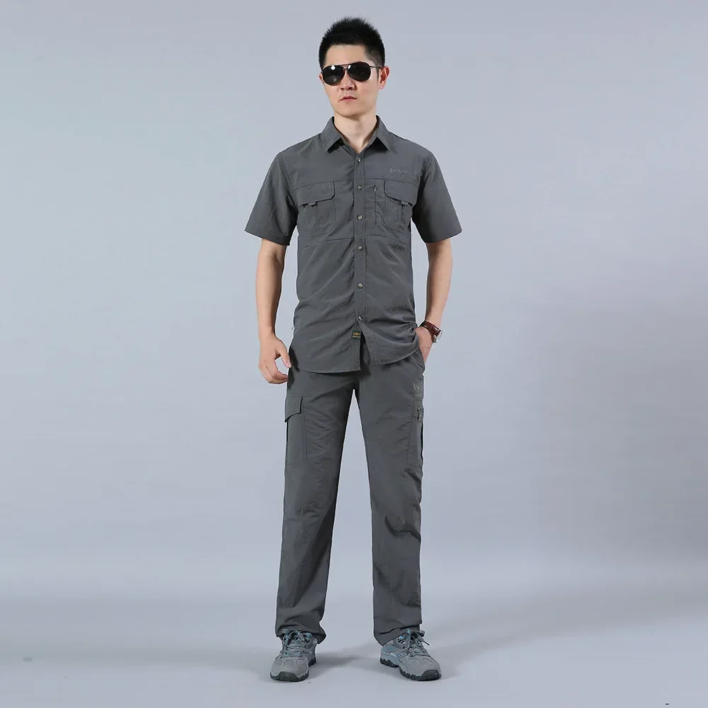 

2025 Summer Mens Shirts Vintage Fashion Cargo Pants High Quality Outdoor Elastic Quick Drying Breathable T-shirts Men Clothing