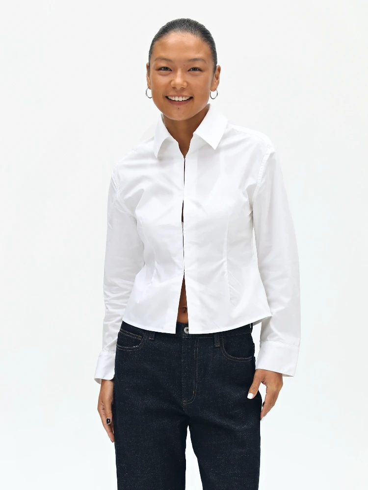 

Oneup Slim Fit White Cotton Shirt Women's Casual Style Spring Autumn Season Pure Color Button up Coat for Small Figures