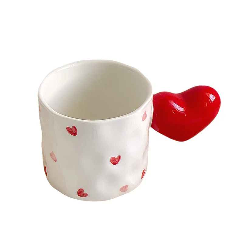 Cute Ins Style Love Polka Dot Ball Handle Ceramic Irregular Mug Couple Ceramic Water Coffee Breakfast Cup White and Red Mug