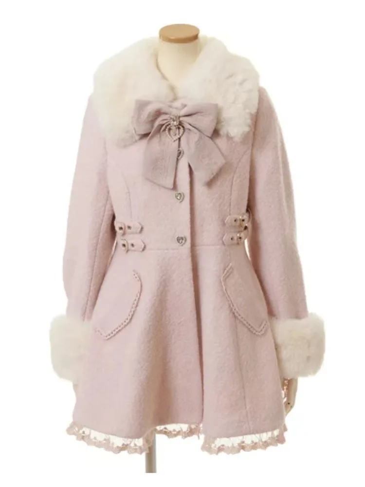 Winter New Woman's Japanese Sweet Bow Slim Long Woolen Coat Faux Fur Collar Lolita Girl Women's Pink White Wool Jacket Overcoat