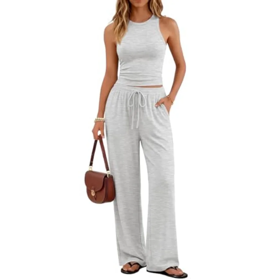 

Trendy Queen Women's 2 Pcs Summer Lounge Sets Butter Soft Tank Top and High Waisted Wide Leg Pants with Pockets