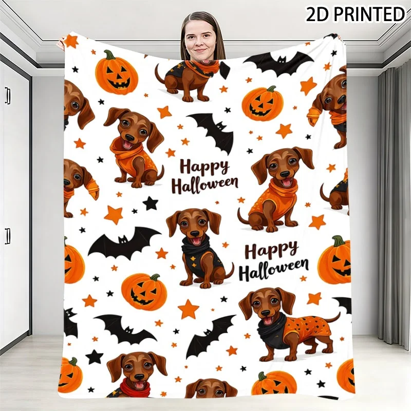 Halloween Dachshund And Jack-O'-Lantern Print Throw Blanket, Festive Fall Decor with Playful Bats And Star Details, Soft Cozy Sm