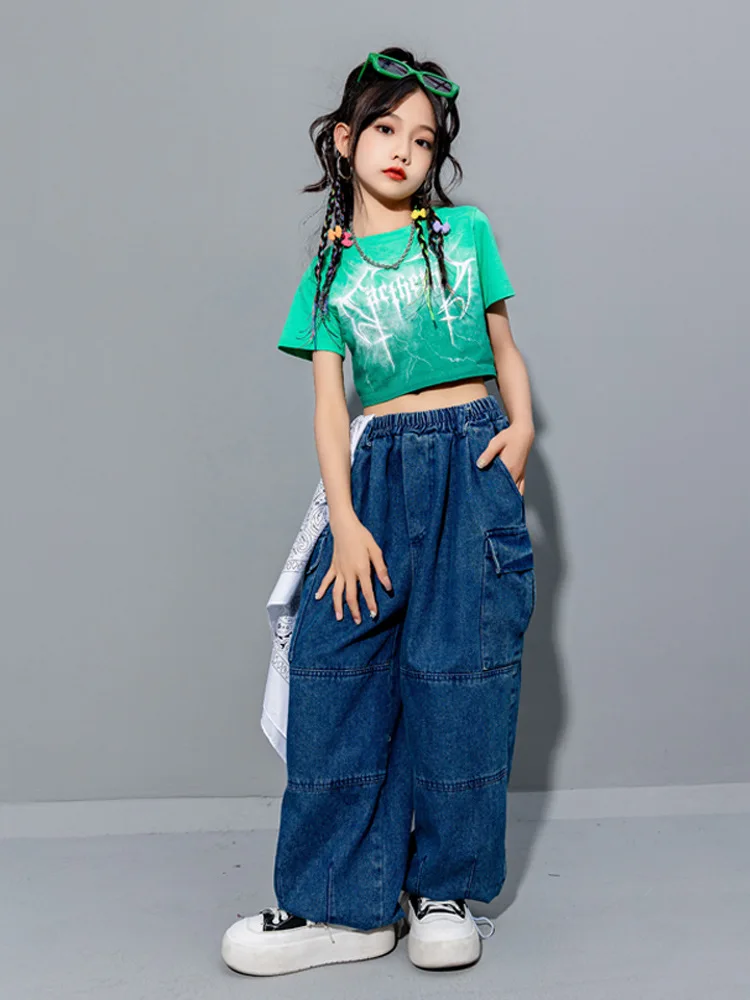 Boys Hip Hop Clothing Sets Green Print T Shirt Tops Jeans Cargo Jogger Denim Pants for Kids Girls Jazz Dance Costume Clothes