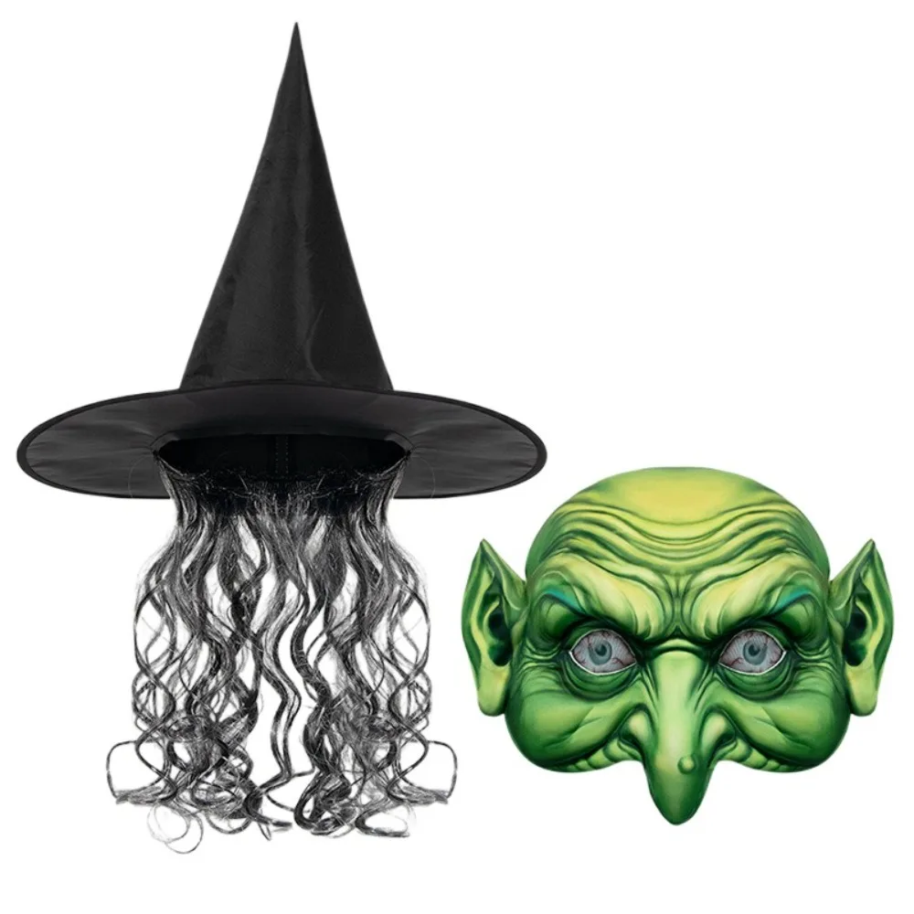 مجموعة قناع قبعة ساحرة على شكل شبكة عنكبوت للشعر، قناع ساحرة رعب للهالوين باللون الأخضر والأسود، قناع شيطان من القماش البوليستر، ديكور الدراما #4