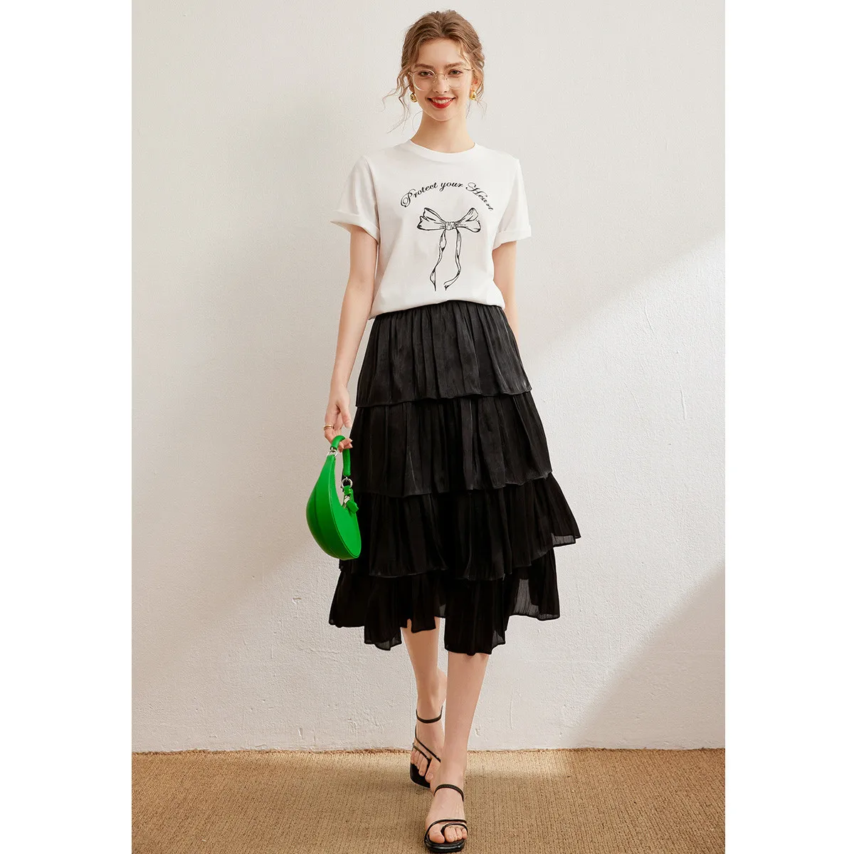 

LOUIS YAO Cotton 100% Letter Printed T-shirt 2025 Color-Contrasting Bowknot Pattern Tees Summer Short Sleeved Women's T-shirt