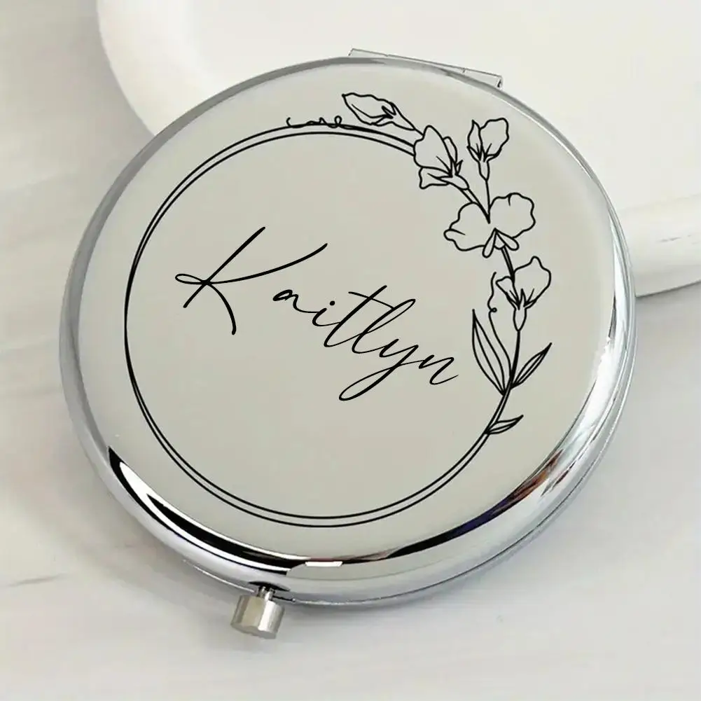 Customized Birthday Flower Personalized Name Collapsible Small Round Mirror Journey Portable Double Sided Metal Cosmetic Mirror