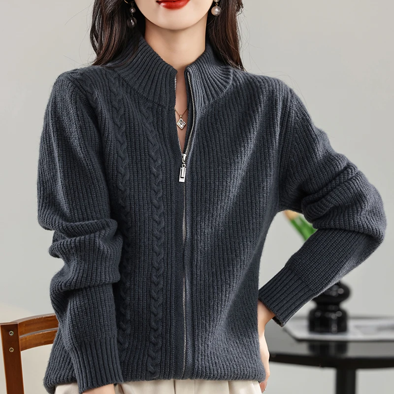 

Кардиганы, женский свитер, 100% мериносовая шерсть, кардиган-стойка, свитер, осень-зима, повседневная винтажная вязаная женская одежда с длинными рукавами