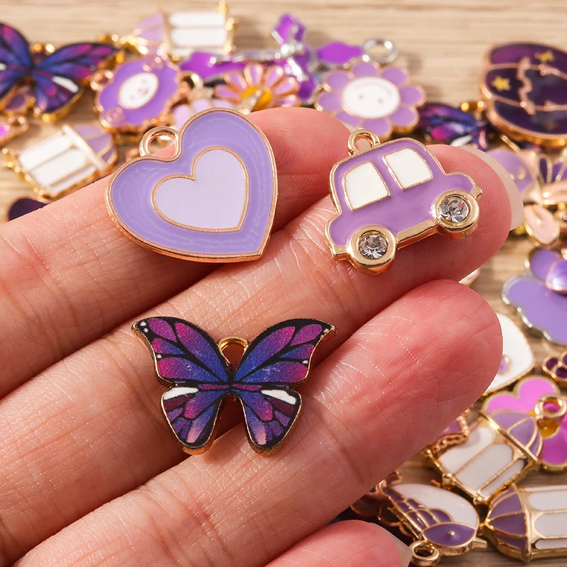 Tusember Mix 30 sztuk emalia Charms fioletowa seria zwierząt serce wisiorki kwiatowe na ręcznie robione akcesoria do wyrobu biżuterii DIY Craft