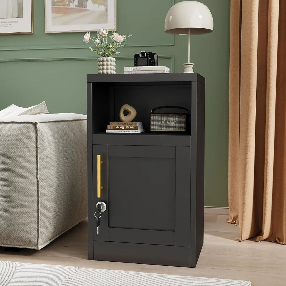 

Metal Black Nightstand with Lock, File Cabinet with Shelves Storage Cabinet,28 Modern Side Table with Door and Open Shelf, Bedsi