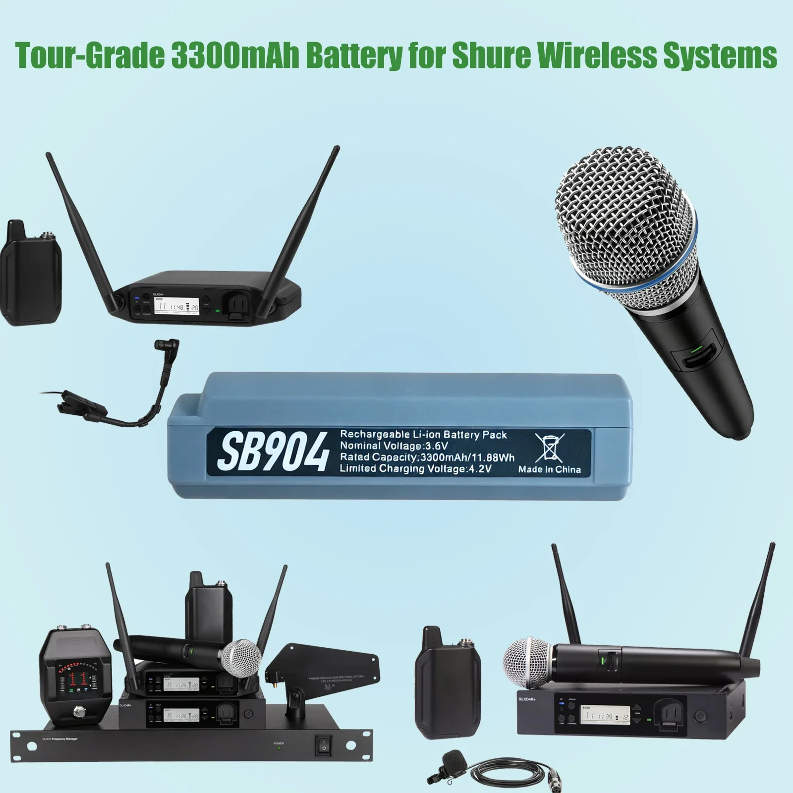 3300mAh SB904 Lithium-Ion Battery for Shure GLXD+ Digital Wireless Systems(GLXD1+ Bodypacks and GLXD2+ Handheld Transmitters)