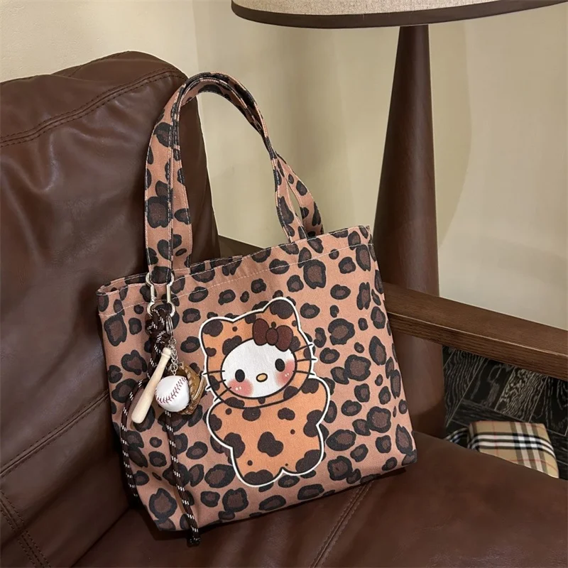 New Maillard leopard print kitty cat canvas bag with large capacity for returning to school students to go shopping , handbag