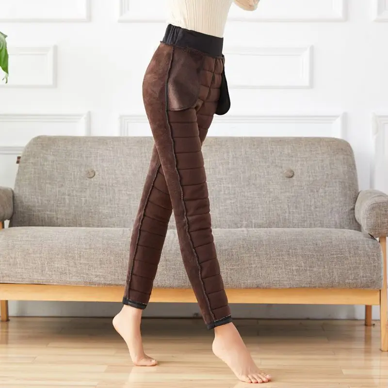 سراويل مبطنة مع جيوب عالية الخصر سراويل نسائية مستقيمة الساق بلون مرقع سميكة لفصل الشتاء TT298 #2