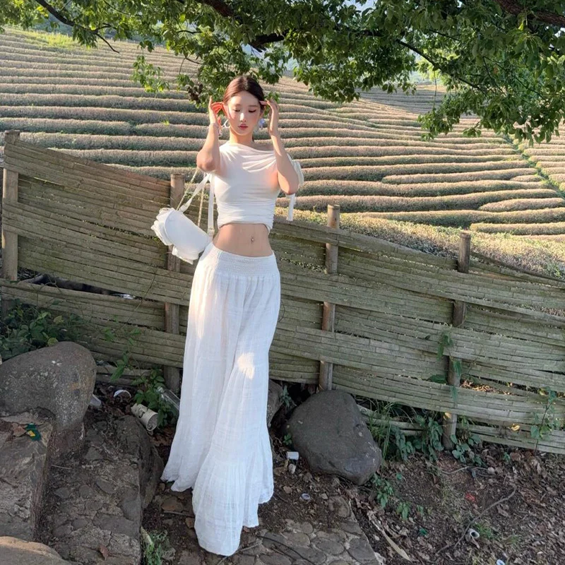 Elegant White Floor-Length Half Skirt Women's Drifting Large Swing Gown Super Fairy Atmosphere Holiday Style Cake Skirt