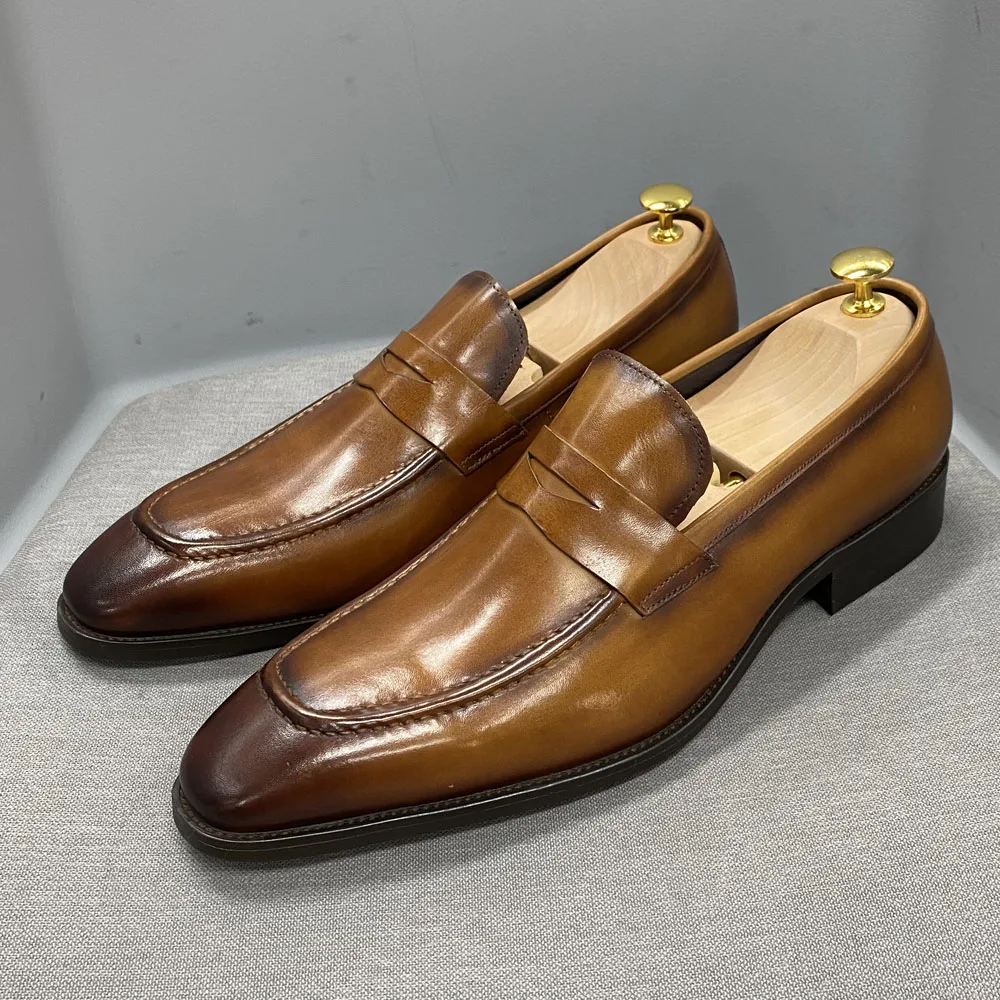 Big Sizes Classic Mens Penny Loafers Genuine Leather Blue Brown Business Dress Shoes for Men Handmade Slip on Male Footwear