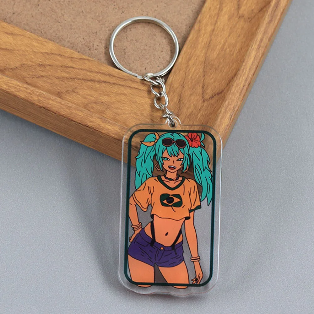 

Brazilian Blue Twin-Tailed Cool Girl Acrylic Double Sided Keychain Virtual Singer Key Ring Novelty Fun Jewelry Pendant Fans Gift