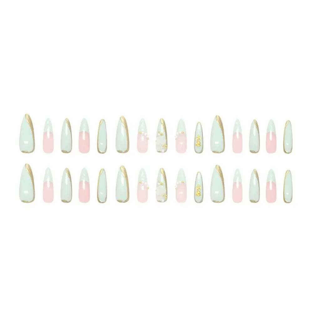 24pcs Manicure Long Almond Stiletto False Nails French Green Wavy Press on Nails Cool Rose Detachable French Nail Tips Women