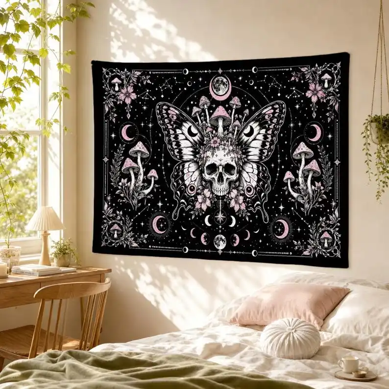 Pink Moth Head Skull Tapestry Gothic Mushroom Starry Sky Moon Phase Decoration Witch Style Flower Art Dark Bohemian Style