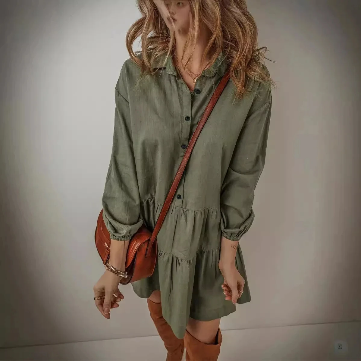 2024 New Fashion Women Mini Dress Casual Loose Button Long Sleeve Ruffles Patchwork Dress Elegant Autumn Solid Short Dresses
