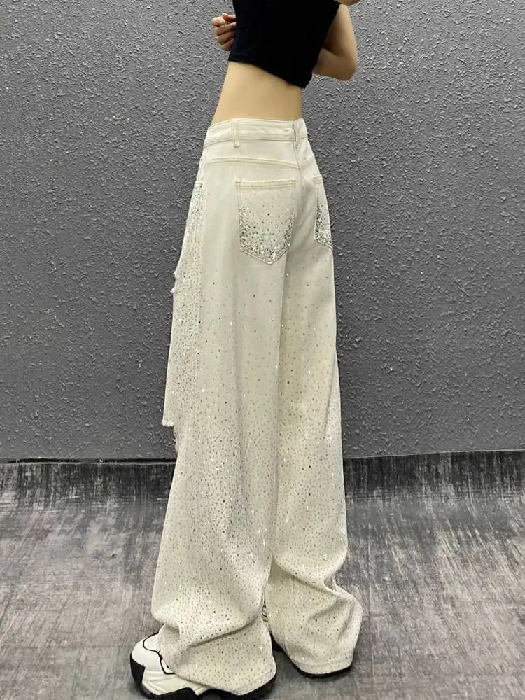 

2025 Summer New! Women's White Rhinestone Starry Sky Jeans High Waisted Distressed Loose Slimming Straight Wide Leg Pants