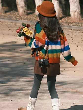 Suéter de Punto con Cuello en V Estilo Coreano de Moda, Rayas Arcoíris, Estilo Universitario Informal, Combinable con Todo, E...