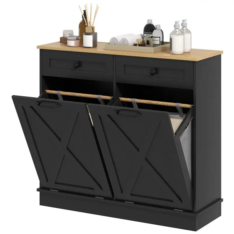

Tilt Out Laundry Hamper Cabinet, Bathroom Storage Cabinet with 2 Removable Baskets and 2 Drawers, Black