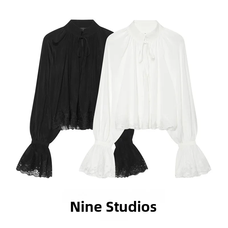Long Sleeve Lace Trim Shirt Women's Fashion European Style Blouse with Belt Design Winter Collection Non-Shrinking Other Mate...