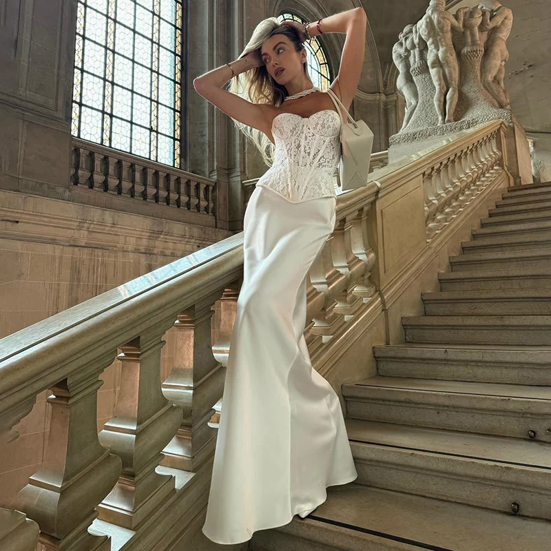 Elegant Satin Skirts And Vest Suits Women French Vintage Lace Corset Tube Top High Waist Maxi Skirt 2 Pieces Luxury Lady Outfits