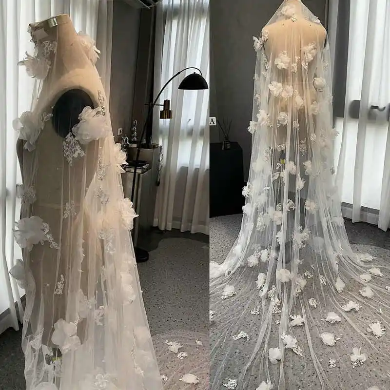 

Dreamy Bridal Veils One Layer 3D Flowers Appliques Edge Wedding Veils Chapel Length Velo De Novia Customized