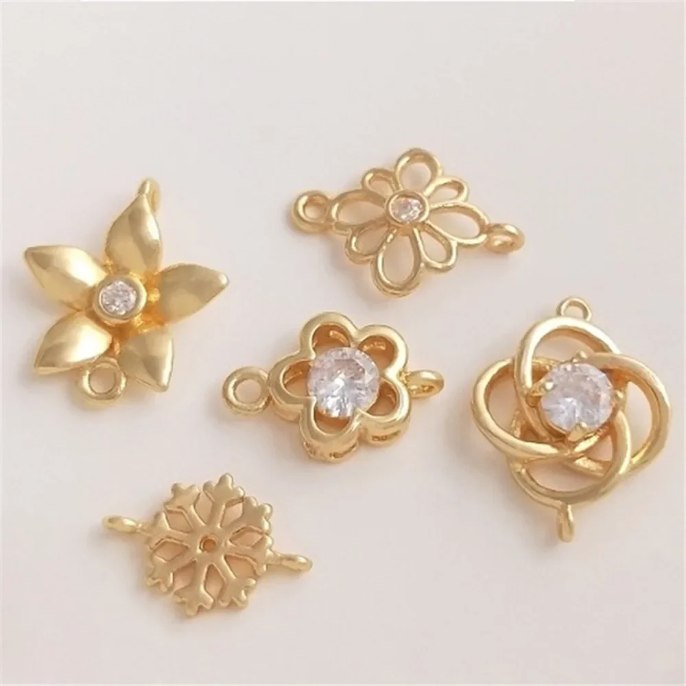 Copo de nieve de circón de Color dorado de 14K, flor de ciruelo, conector colgante doble, pulsera, collar, accesorios DIY hechos a mano