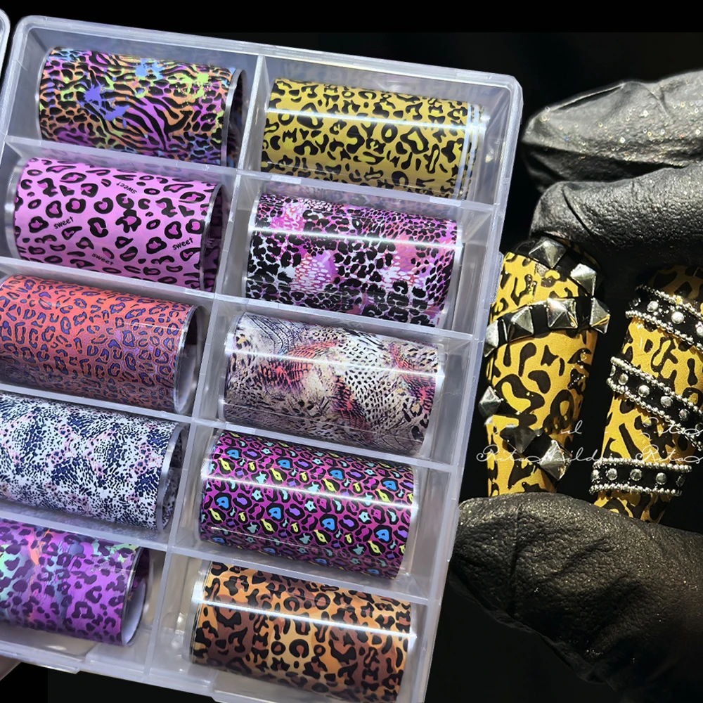 

Фольга для ногтей с розовым леопардовым принтом, 50*4 см, 10 рулонов, переводные наклейки, узоры зебры и янтарных животных, аксессуары для нейл-арта