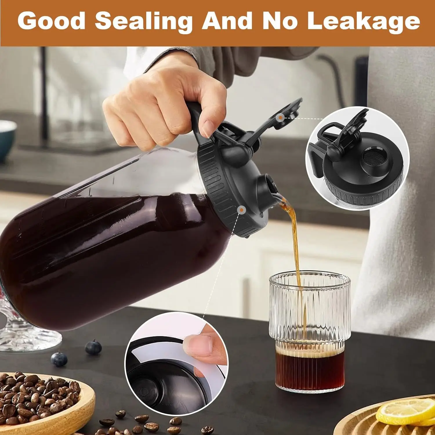 Pichet Mason en verre avec couvercle à large bouche, cafetière à infusion froide de 32/64oz, bouteille d'eau, distributeur de thé glacé, bouteille en verre pour boisson