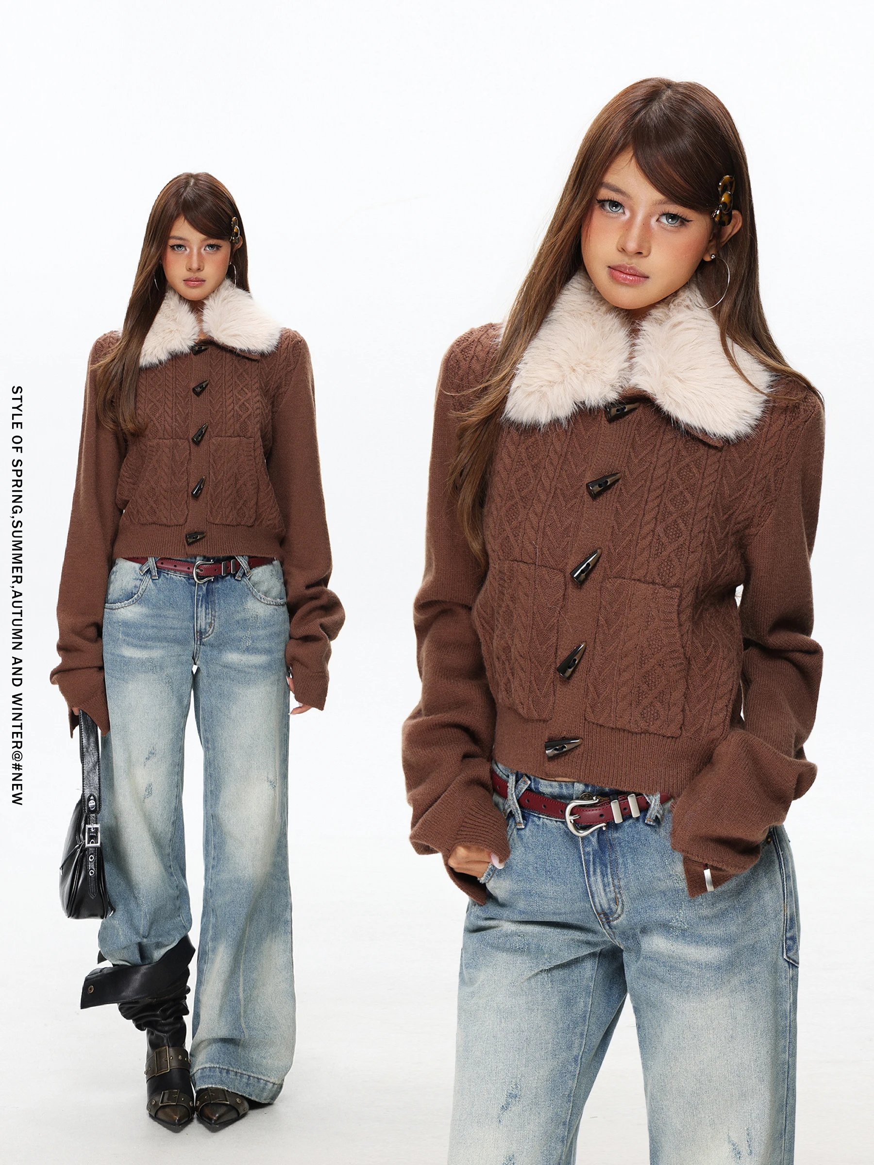 

Knitted Sweater Women's Autumn Winter Loose Collar Tassel Flower Patterned Removable Fur Collar Top Vintage Sle
