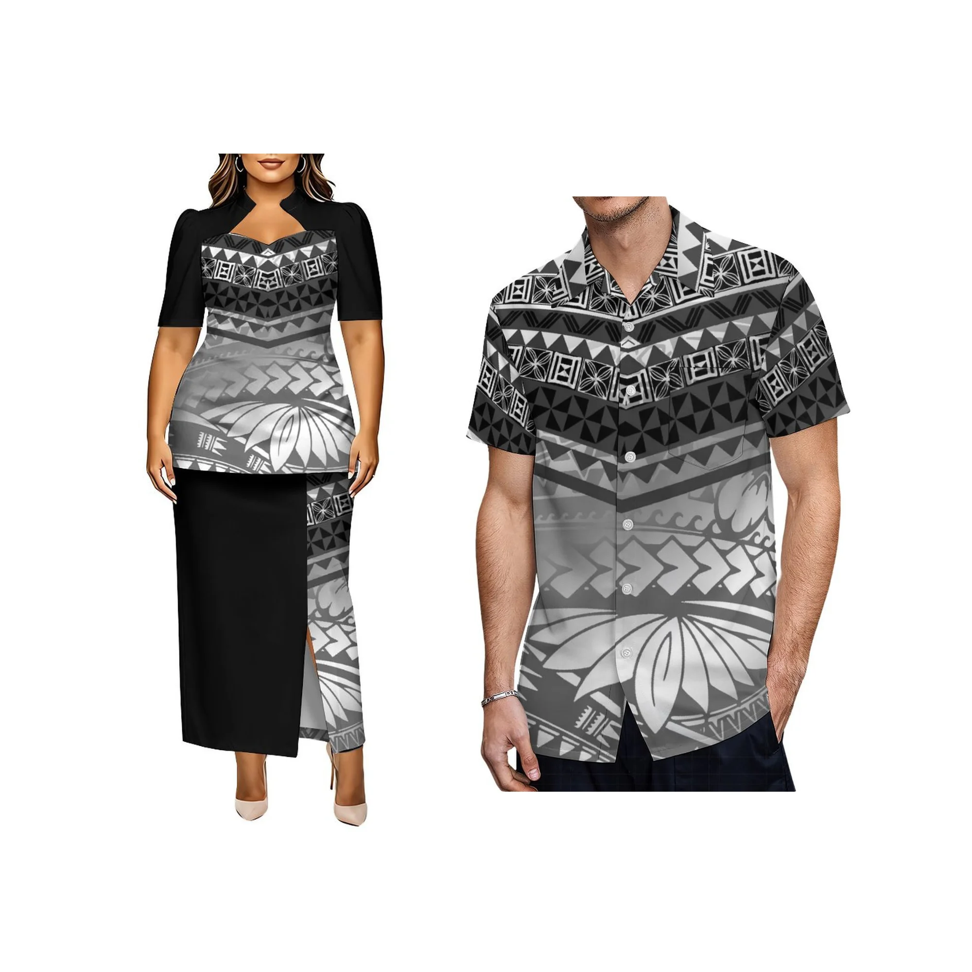 Vestido Puletasi Feminino Personalizado de Duas Peças, Estampa Tribal Floral Vintage Havaiana, Blusa de Manga Curta com Decote em V e Saia Longa com F