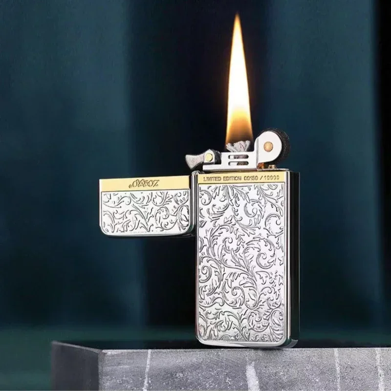 Genuine Ultra-thin Pure Copper Carved Kerosene Lighter Tangcao Retro Metal Grinding Wheel Lighter Cigarette Accessories Gift