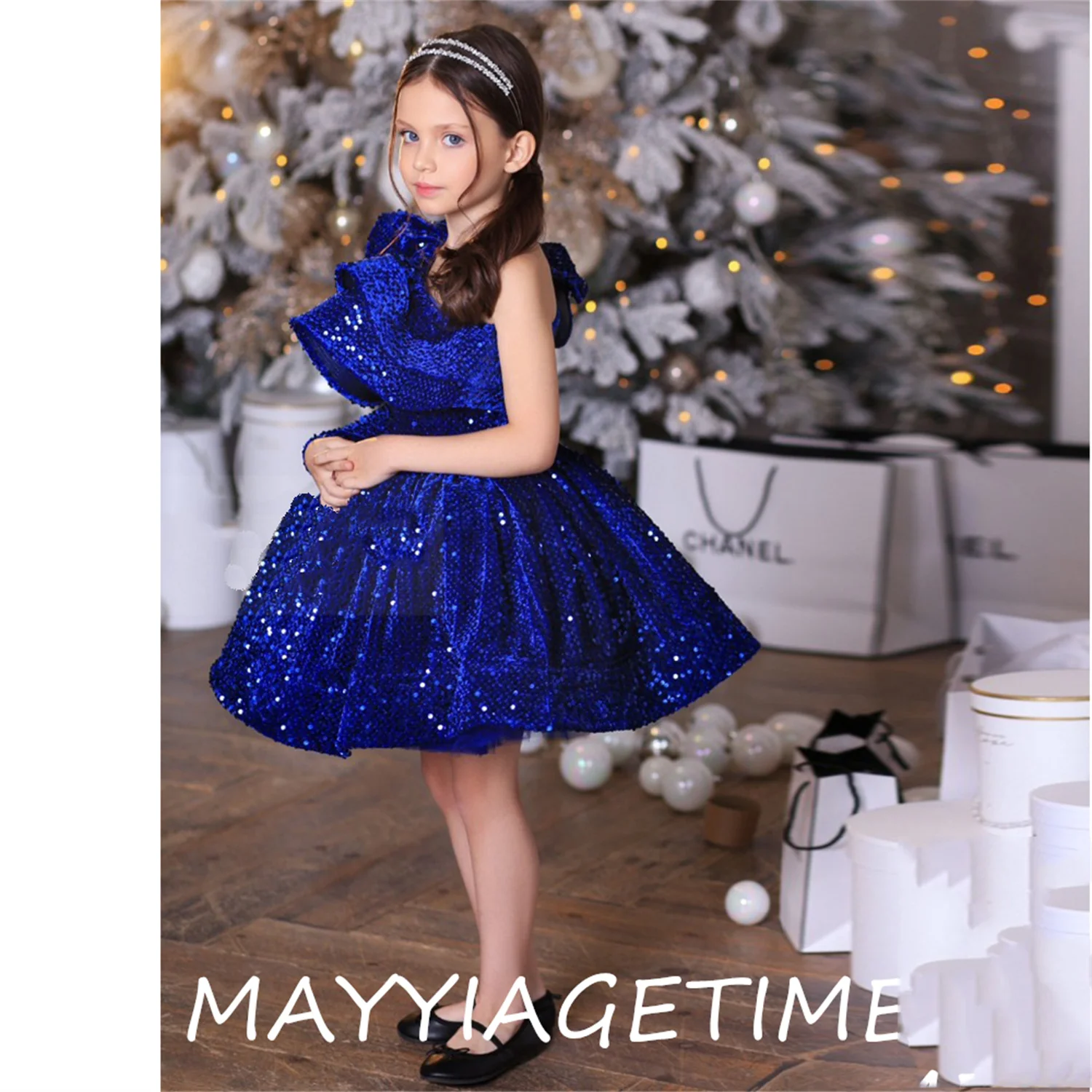 

Charming Zipper Back Sequin Royal Blue Girls Pageant Dress Kids One Shoulder Ruffles 2023 New Winter Christmas Dress