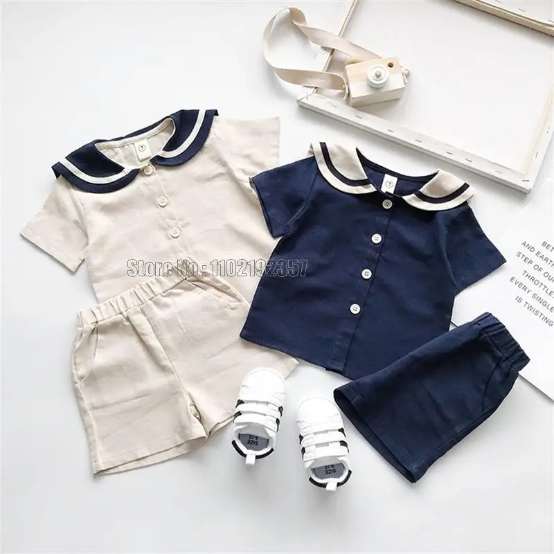 Navy Style Kids Sailor Collar Cotton Linen T Shirt + Pants 2pcs Summer Clothes Set Boys Girls Suit