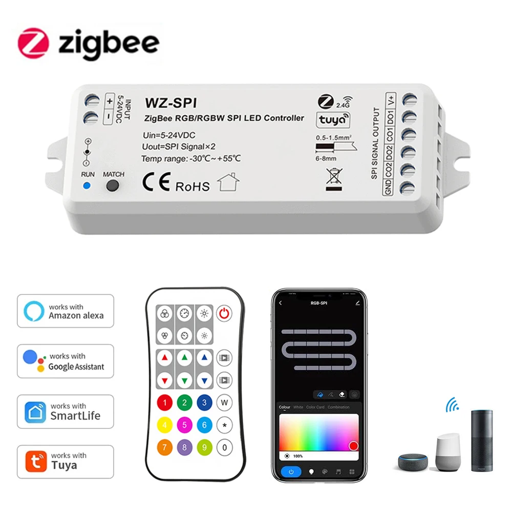 controlador de led tuya zigbee spi ws2812b ws2811 tm1803 tm1804 sk6812 pixel strip light controle de voz alexa google home dc 524v 01