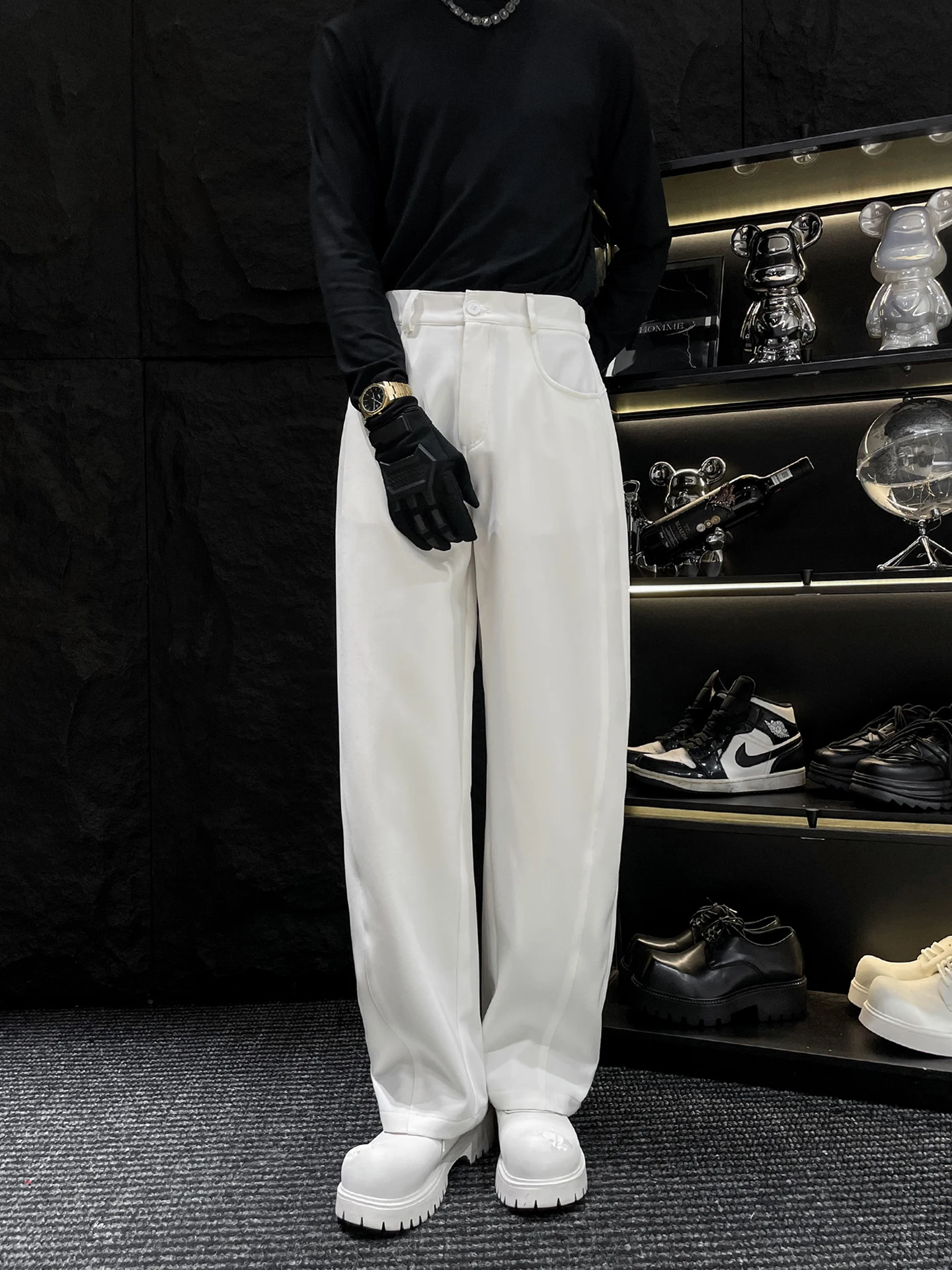 

New White Drapey Wide Leg Pants Men's Simple High-End Feeling Casual Long Trousers Autumn Faion Trend Loose Fit Youth Sle