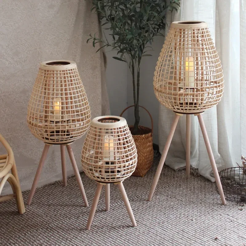 New Chinese Candlestick Rattan Homestay Courtyard Decoration Lantern Plug-in Floor-to-ceiling Wind Lamp with Legs Candle Holders